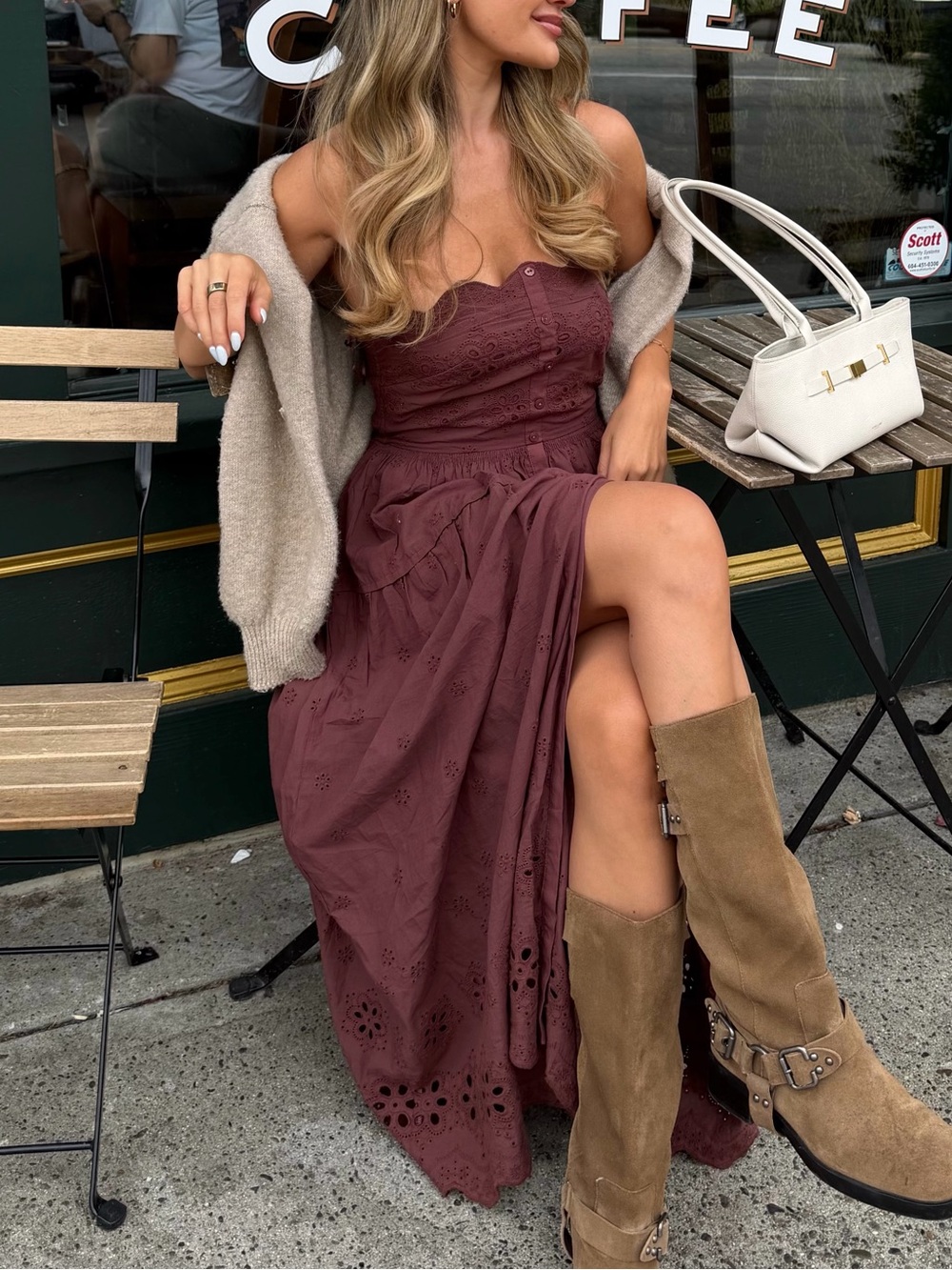 Strapless Eyelet Maxi Dress — Wine